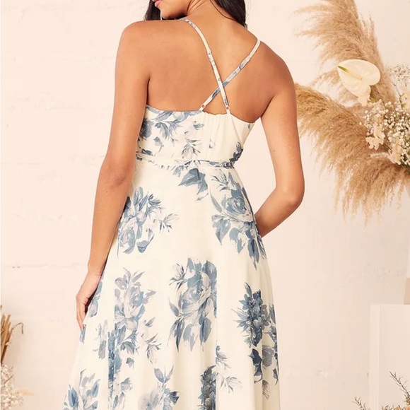 Lulu’s Off White/Cream and Blue Floral Print Wrap Maxi Dress - Picture 3 of 13